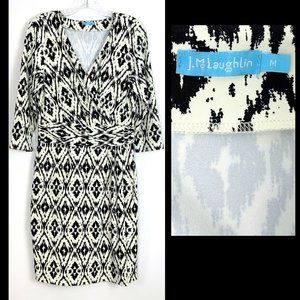 J. McLaughlin Faux Wrap Catalina Cloth White/Black 3/4  Sleeve Dress Medium